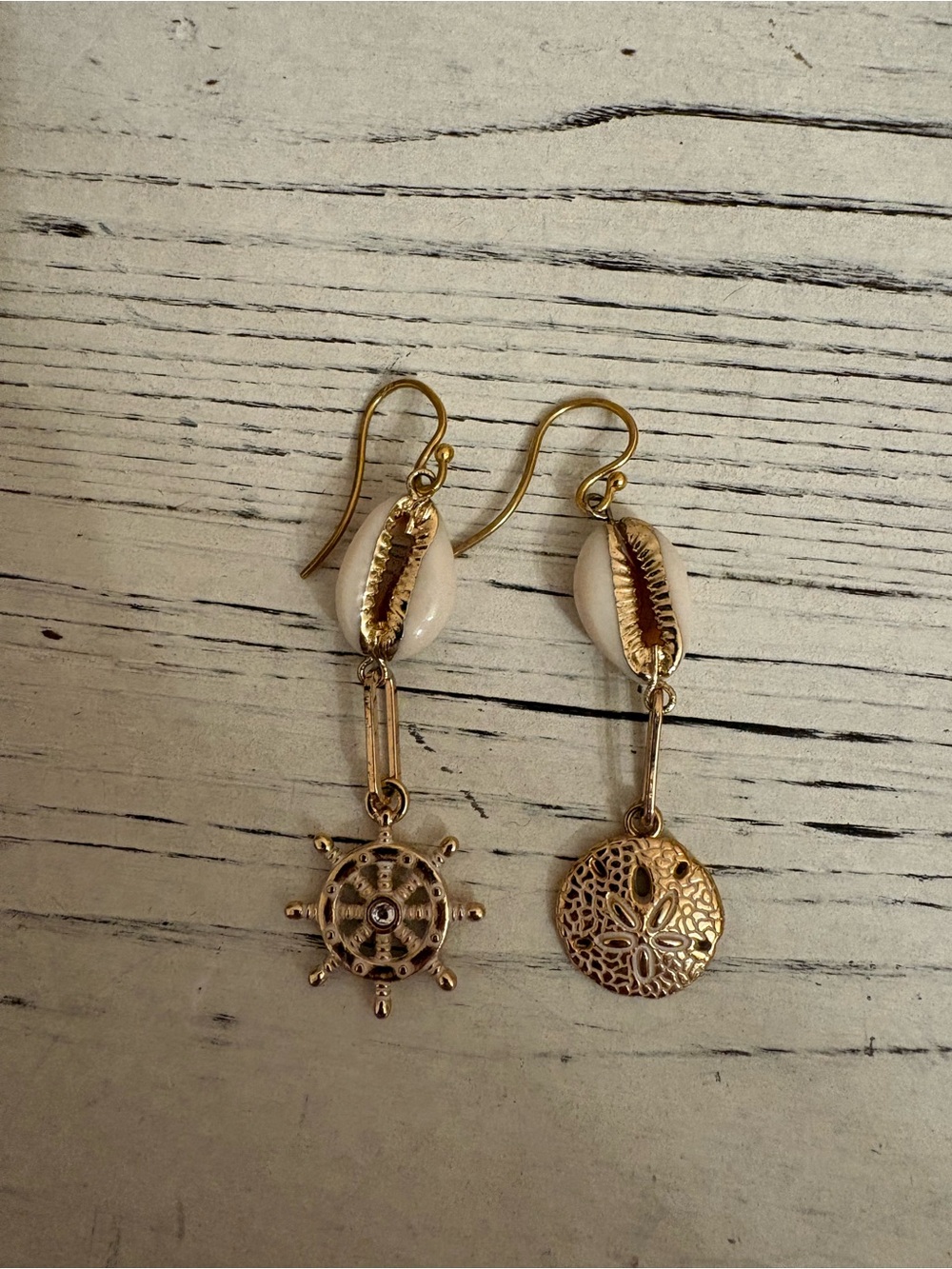 Gold Tone Shell Drop Earrings with Nautical Charms